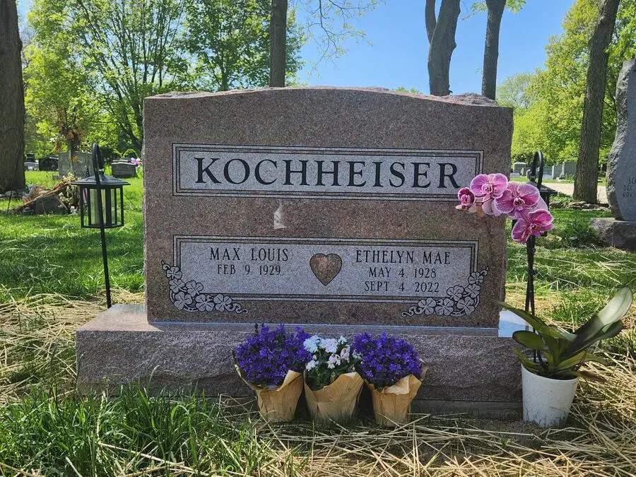 Serp-Top Granite memorial in Mountain Rose, by Stoltz Memorials